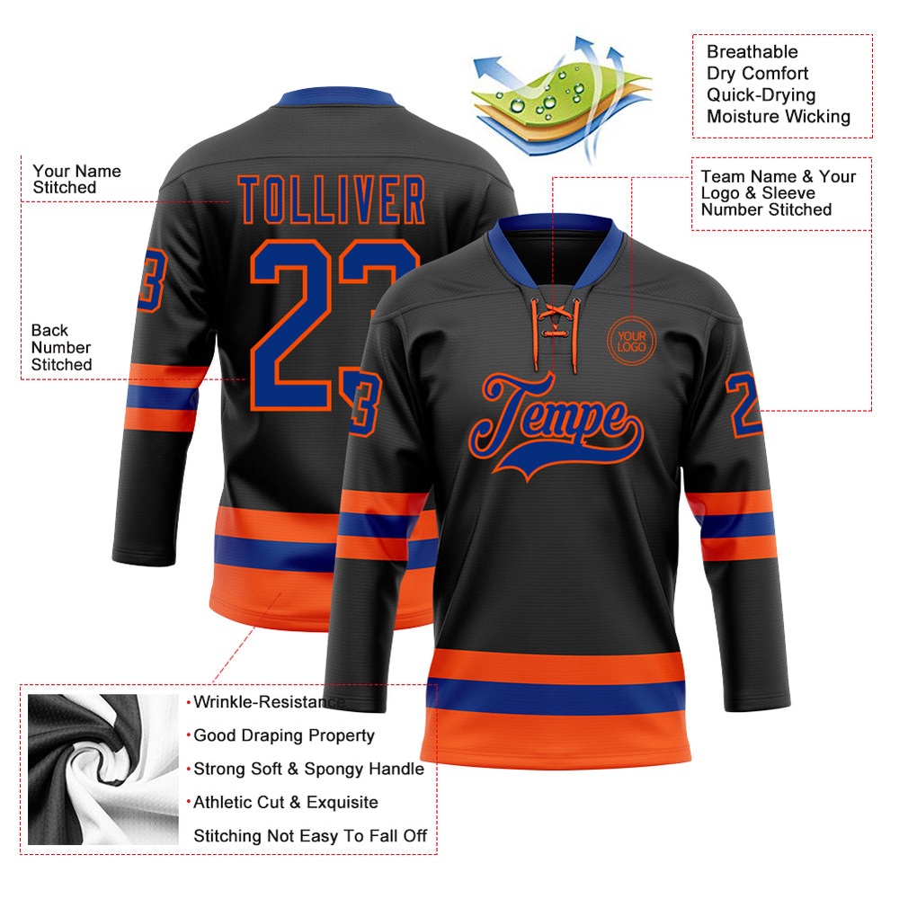 Custom Black Royal Orange Hockey Lace Neck Jersey, New Hockey Jersey, Personali Sport Team Jersey Shirt