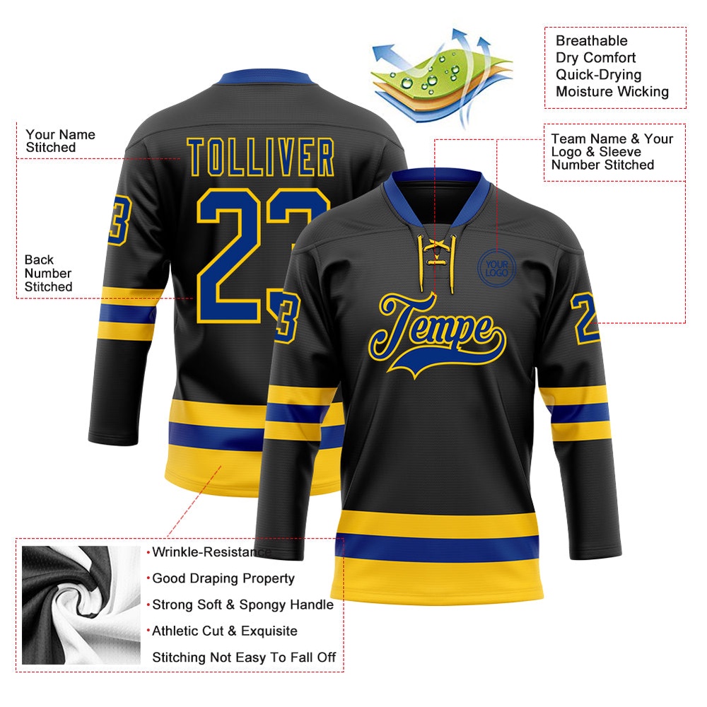Custom Black Royal Yellow Hockey Lace Neck Jersey, New Hockey Jersey, Personali Sport Team Jersey Shirt Custom Black Royal Yellow Hockey Lace Neck Jersey, New Hockey Jersey, Personali Sport Team Jersey Shirt