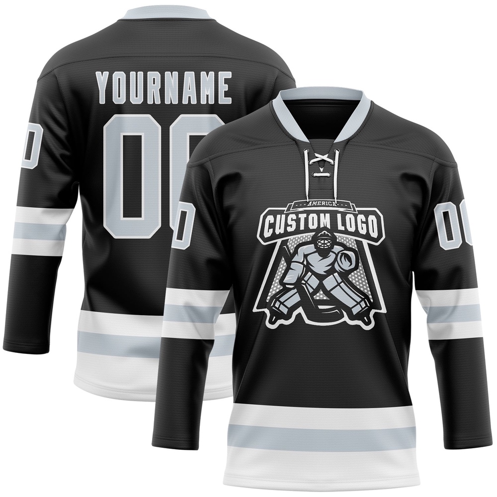 Custom Black Silver White Hockey Lace Neck Jersey, New Hockey Jersey, Personali Sport Team Jersey Shirt Custom Black Silver White Hockey Lace Neck Jersey, New Hockey Jersey, Personali Sport Team Jersey Shirt