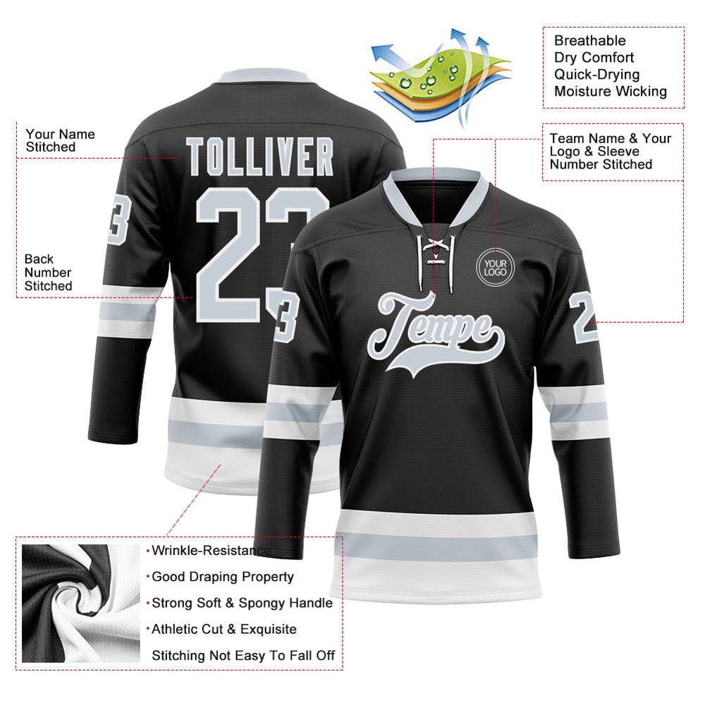 Custom Black Silver White Hockey Lace Neck Jersey, New Hockey Jersey, Personali Sport Team Jersey Shirt Custom Black Silver White Hockey Lace Neck Jersey, New Hockey Jersey, Personali Sport Team Jersey Shirt