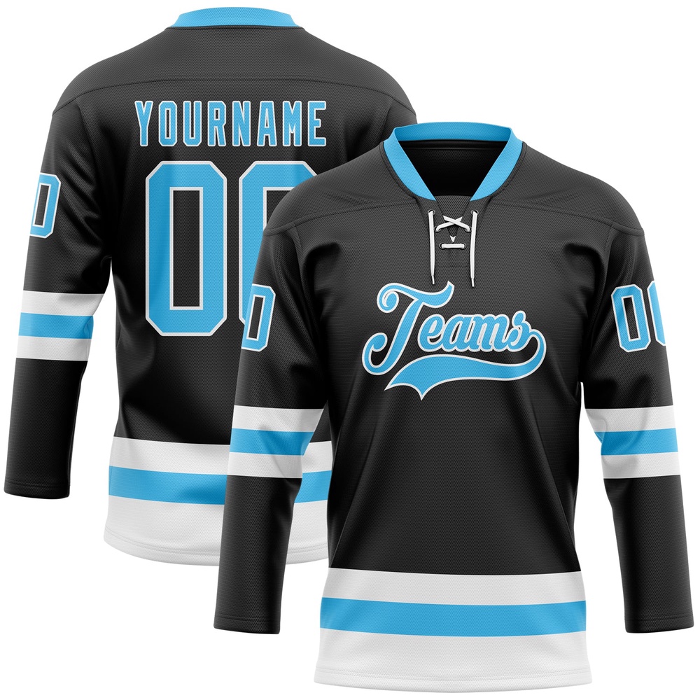 Custom Black Sky Blue White Hockey Lace Neck Jersey, New Hockey Jersey, Personali Sport Team Jersey Shirt