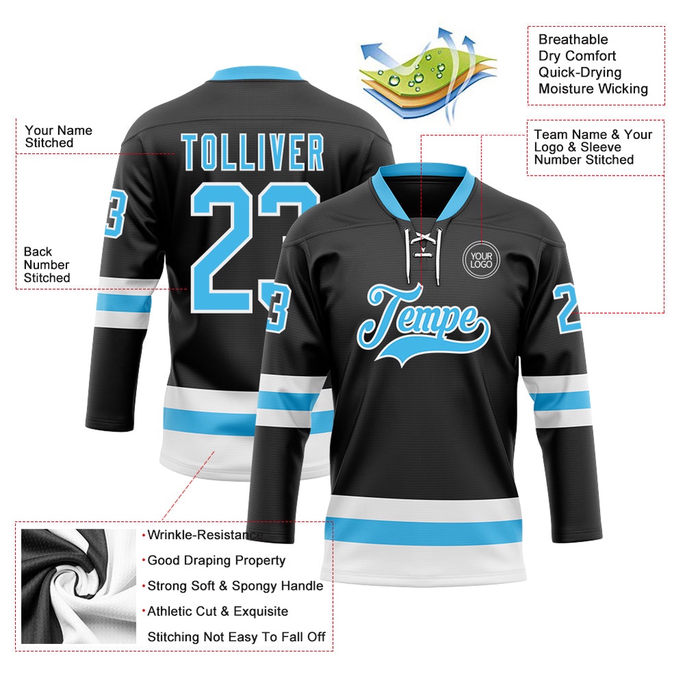 Custom Black Sky Blue White Hockey Lace Neck Jersey, New Hockey Jersey, Personali Sport Team Jersey Shirt