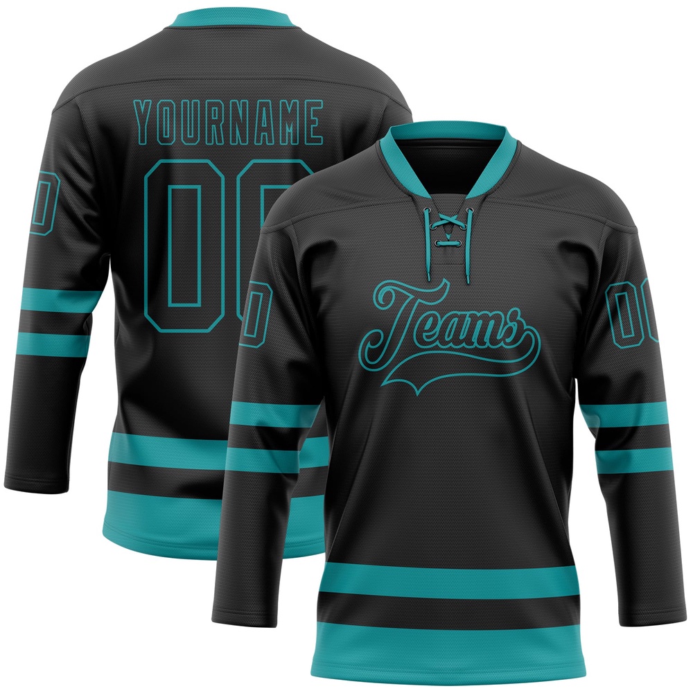 Custom Black Teal Hockey Lace Neck Jersey, New Hockey Jersey, Personali Sport Team Jersey Shirt
