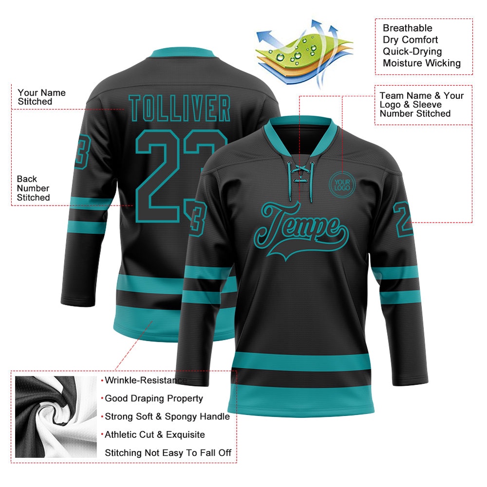 Custom Black Teal Hockey Lace Neck Jersey, New Hockey Jersey, Personali Sport Team Jersey Shirt