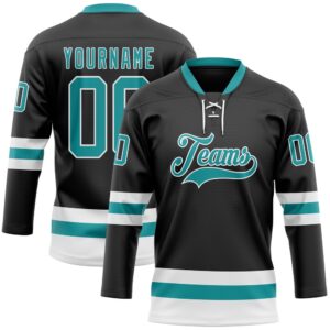 Custom Black Teal White Hockey Lace Neck&hellip;