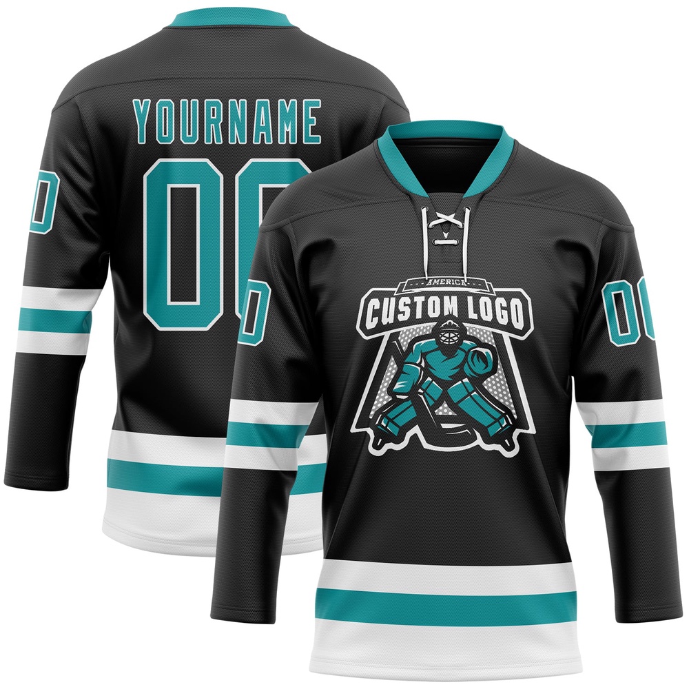 Custom Black Teal White Hockey Lace Neck Jersey, New Hockey Jersey, Personali Sport Team Jersey Shirt
