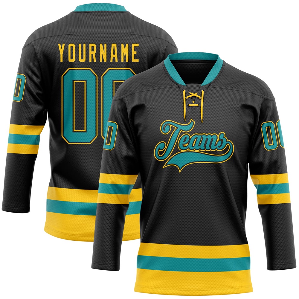 Custom Black Teal Yellow Hockey Lace Neck Jersey, New Hockey Jersey, Personali Sport Team Jersey Shirt Custom Black Teal Yellow Hockey Lace Neck Jersey, New Hockey Jersey, Personali Sport Team Jersey Shirt