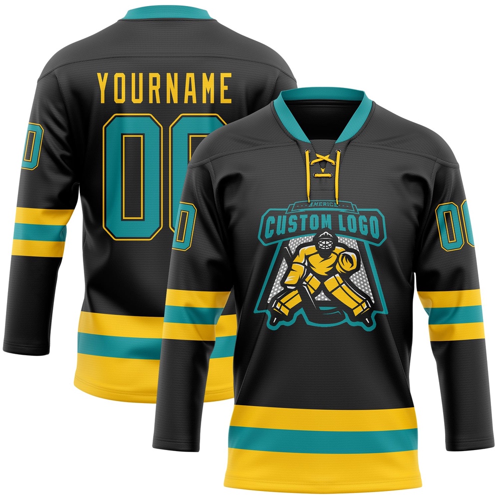 Custom Black Teal Yellow Hockey Lace Neck Jersey, New Hockey Jersey, Personali Sport Team Jersey Shirt Custom Black Teal Yellow Hockey Lace Neck Jersey, New Hockey Jersey, Personali Sport Team Jersey Shirt
