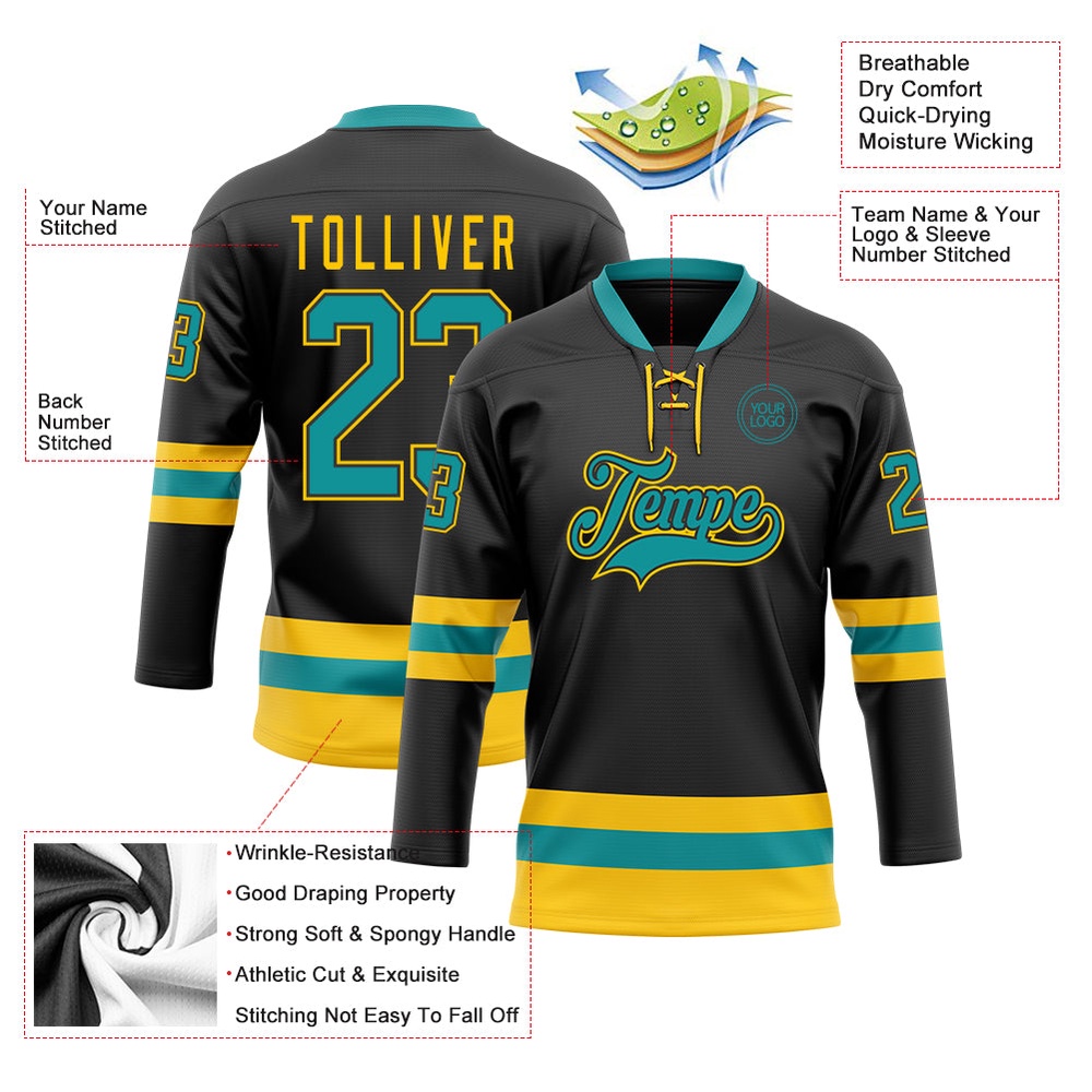 Custom Black Teal Yellow Hockey Lace Neck Jersey, New Hockey Jersey, Personali Sport Team Jersey Shirt Custom Black Teal Yellow Hockey Lace Neck Jersey, New Hockey Jersey, Personali Sport Team Jersey Shirt