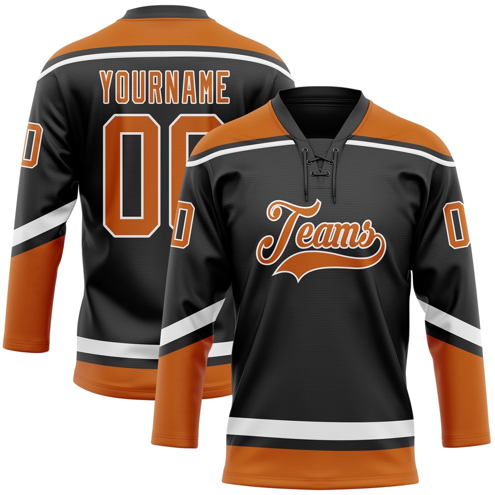 Custom Black Texas Orange White Hockey Lace Neck Jersey, New Hockey Jersey, Personali Sport Team Jersey Shirt Custom Black Texas Orange White Hockey Lace Neck Jersey, New Hockey Jersey, Personali Sport Team Jersey Shirt