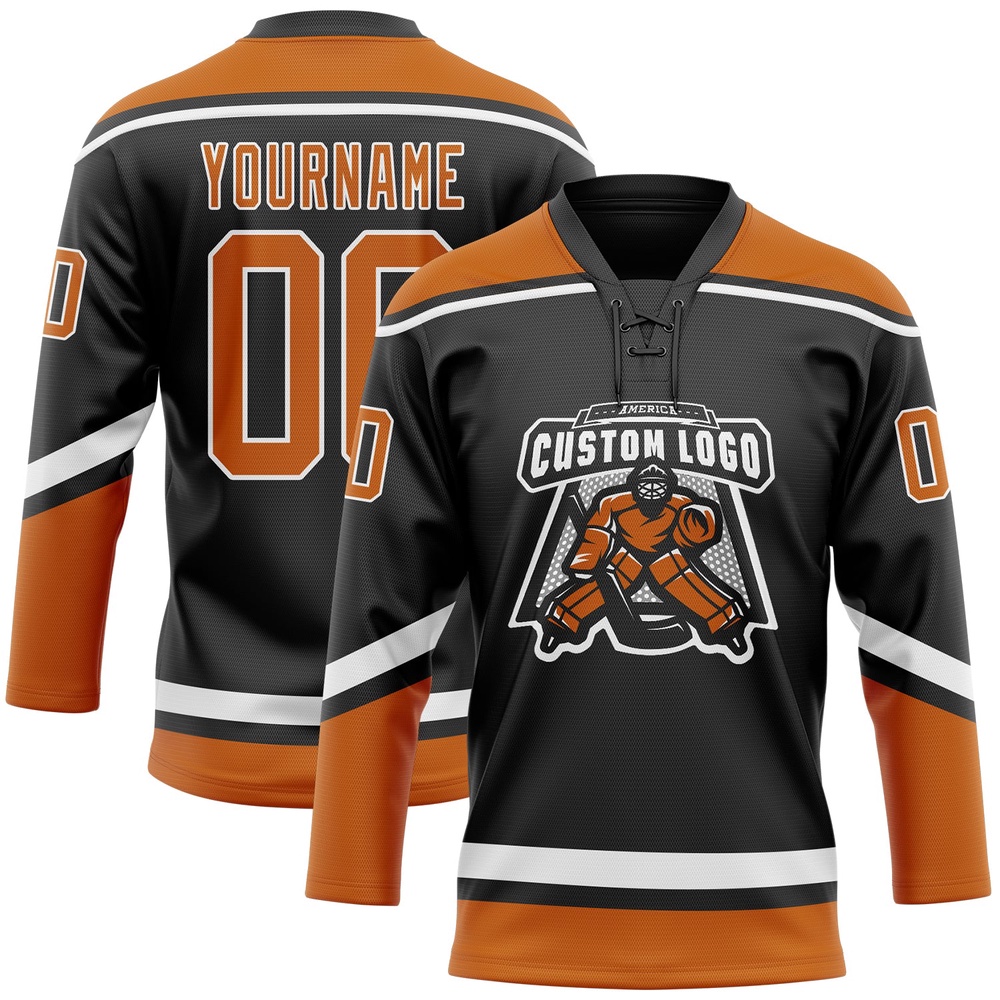 Custom Black Texas Orange White Hockey Lace Neck Jersey, New Hockey Jersey, Personali Sport Team Jersey Shirt Custom Black Texas Orange White Hockey Lace Neck Jersey, New Hockey Jersey, Personali Sport Team Jersey Shirt