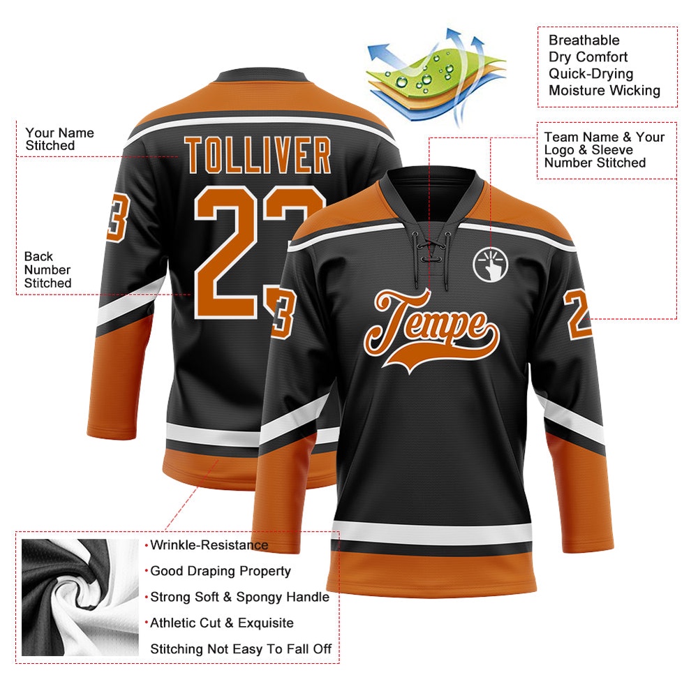 Custom Black Texas Orange White Hockey Lace Neck Jersey, New Hockey Jersey, Personali Sport Team Jersey Shirt Custom Black Texas Orange White Hockey Lace Neck Jersey, New Hockey Jersey, Personali Sport Team Jersey Shirt