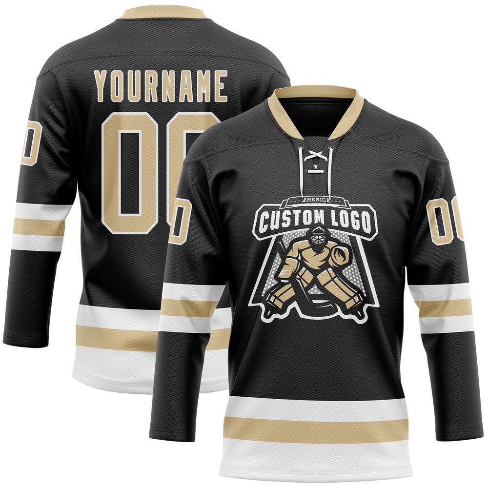 Custom Black Vegas Gold White Hockey Lace Neck Jersey, New Hockey Jersey, Personali Sport Team Jersey Shirt Custom Black Vegas Gold White Hockey Lace Neck Jersey, New Hockey Jersey, Personali Sport Team Jersey Shirt