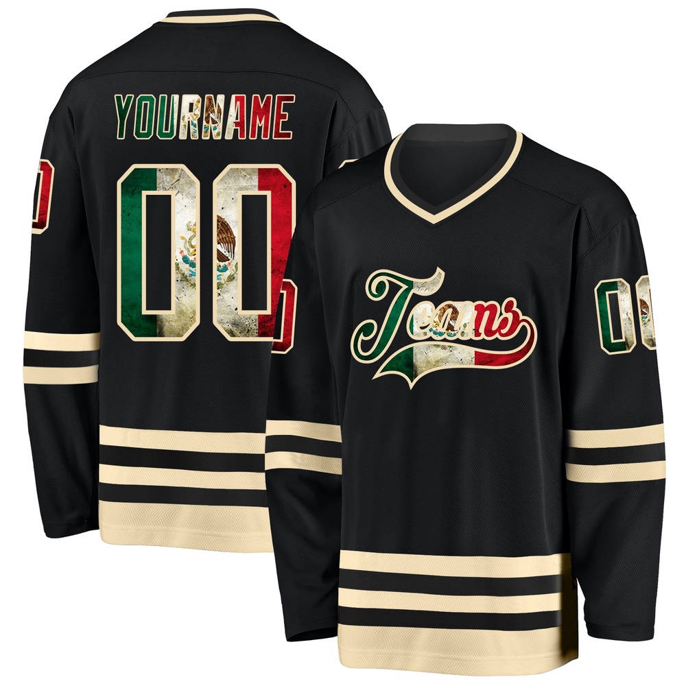 Custom Black Vintage Mexican Flag Cream Hockey Jersey, New Hockey Jersey, Personali Sport Team Jersey Shirt Custom Black Vintage Mexican Flag Cream Hockey Jersey, New Hockey Jersey, Personali Sport Team Jersey Shirt