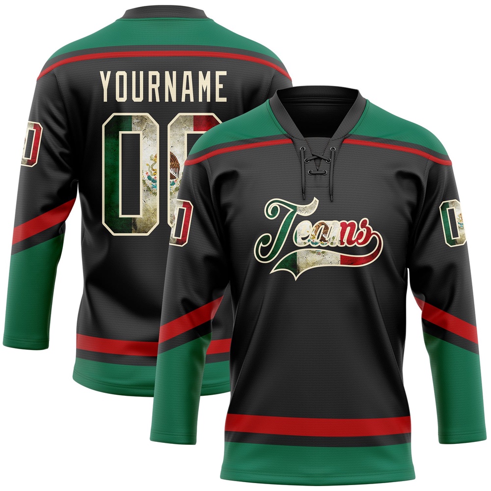 Custom Black Vintage Mexican Flag Cream Kelly Green Red Hockey Lace Neck Jersey, New Hockey Jersey, Personali Sport Team Jersey Shirt