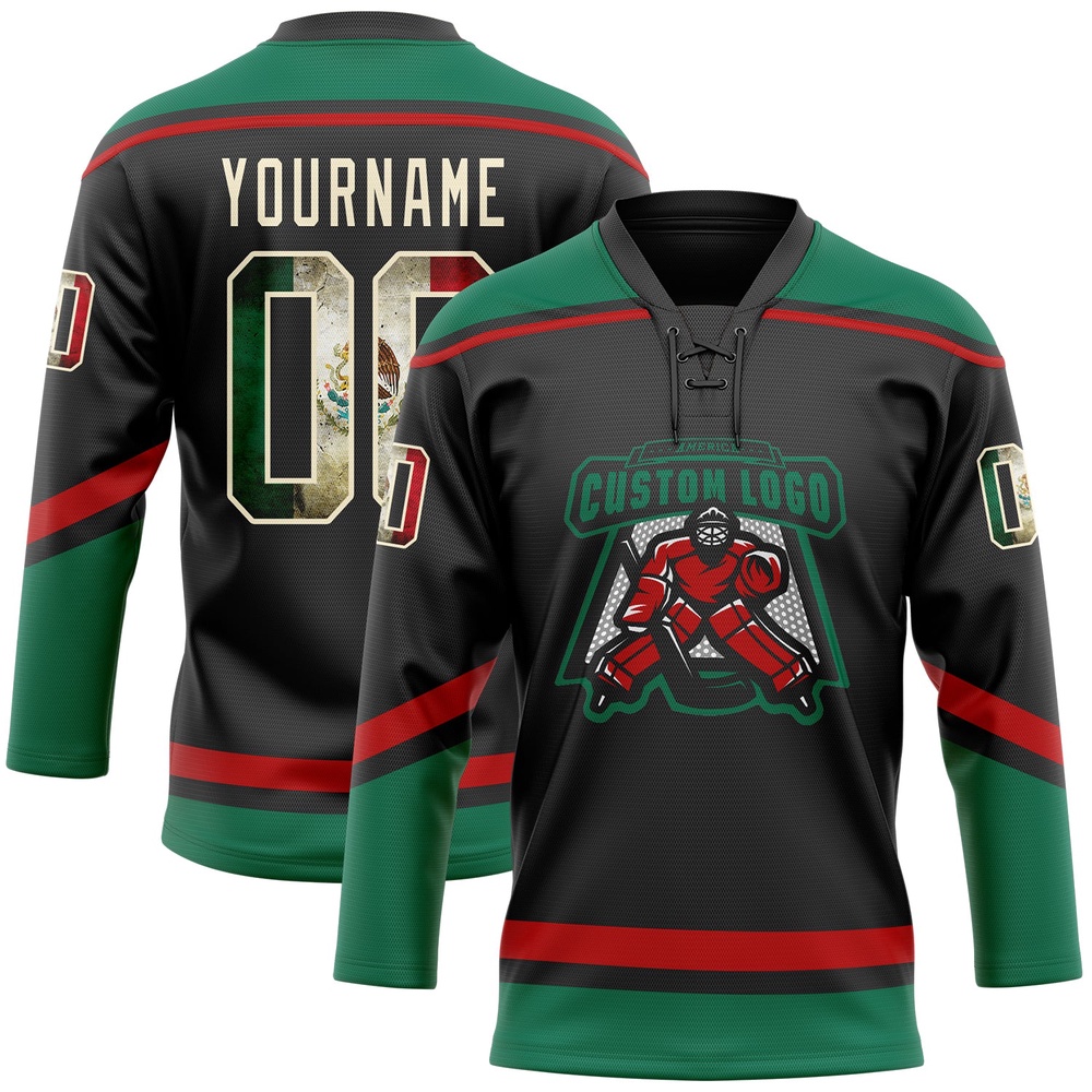 Custom Black Vintage Mexican Flag Cream Kelly Green Red Hockey Lace Neck Jersey, New Hockey Jersey, Personali Sport Team Jersey Shirt