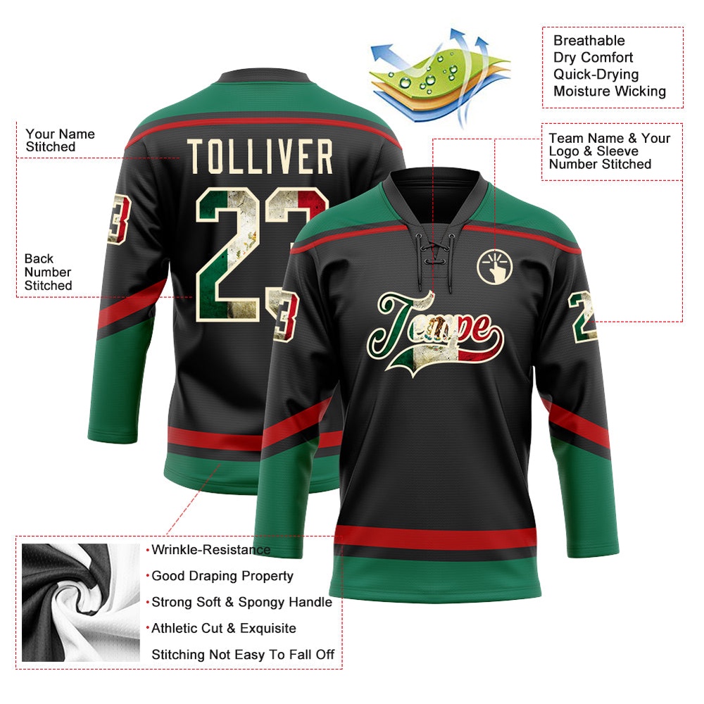 Custom Black Vintage Mexican Flag Cream Kelly Green Red Hockey Lace Neck Jersey, New Hockey Jersey, Personali Sport Team Jersey Shirt