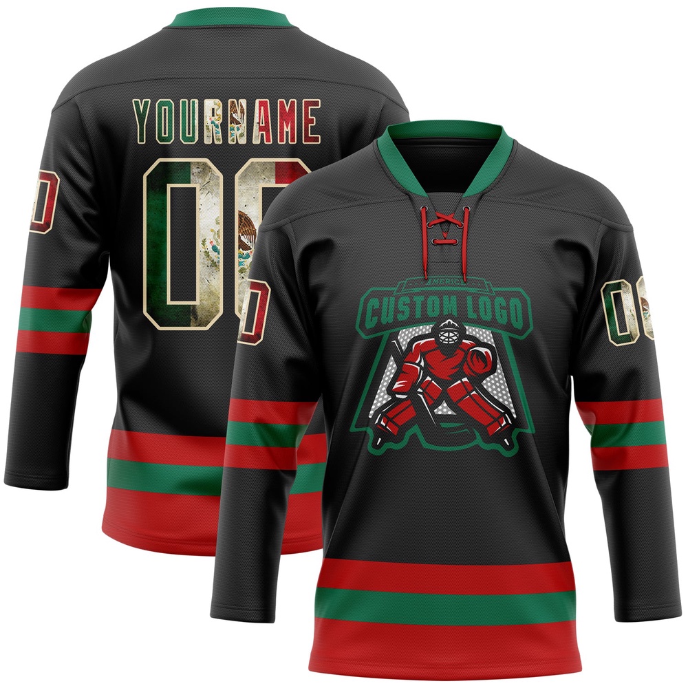Custom Black Vintage Mexican Flag Cream Red Kelly Green Hockey Lace Neck Jersey, New Hockey Jersey, Personali Sport Team Jersey Shirt