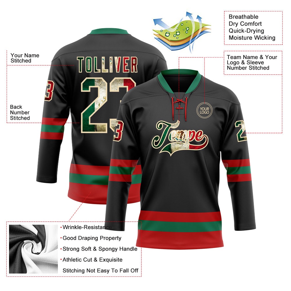 Custom Black Vintage Mexican Flag Cream Red Kelly Green Hockey Lace Neck Jersey, New Hockey Jersey, Personali Sport Team Jersey Shirt