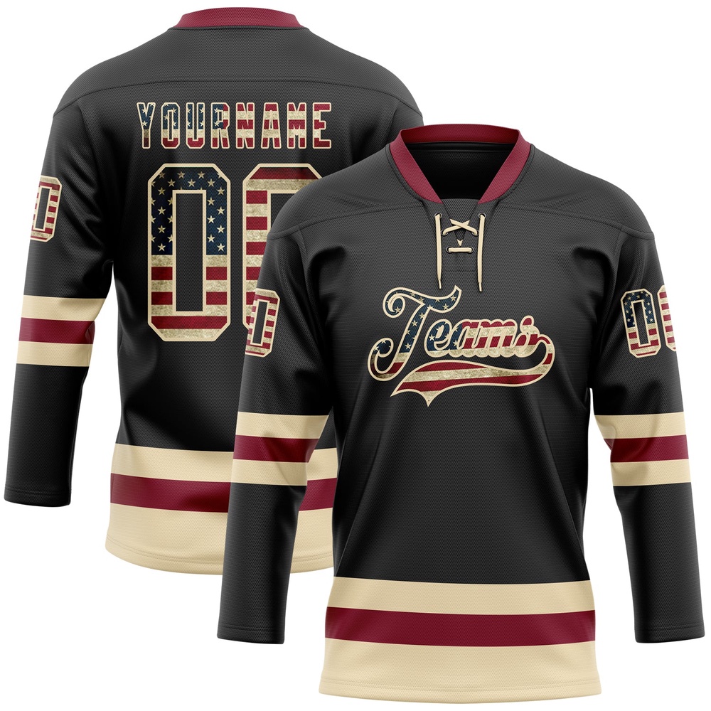 Custom Black Vintage USA Flag Cream Crimson Hockey Lace Neck Jersey, New Hockey Jersey, Personali Sport Team Jersey Shirt