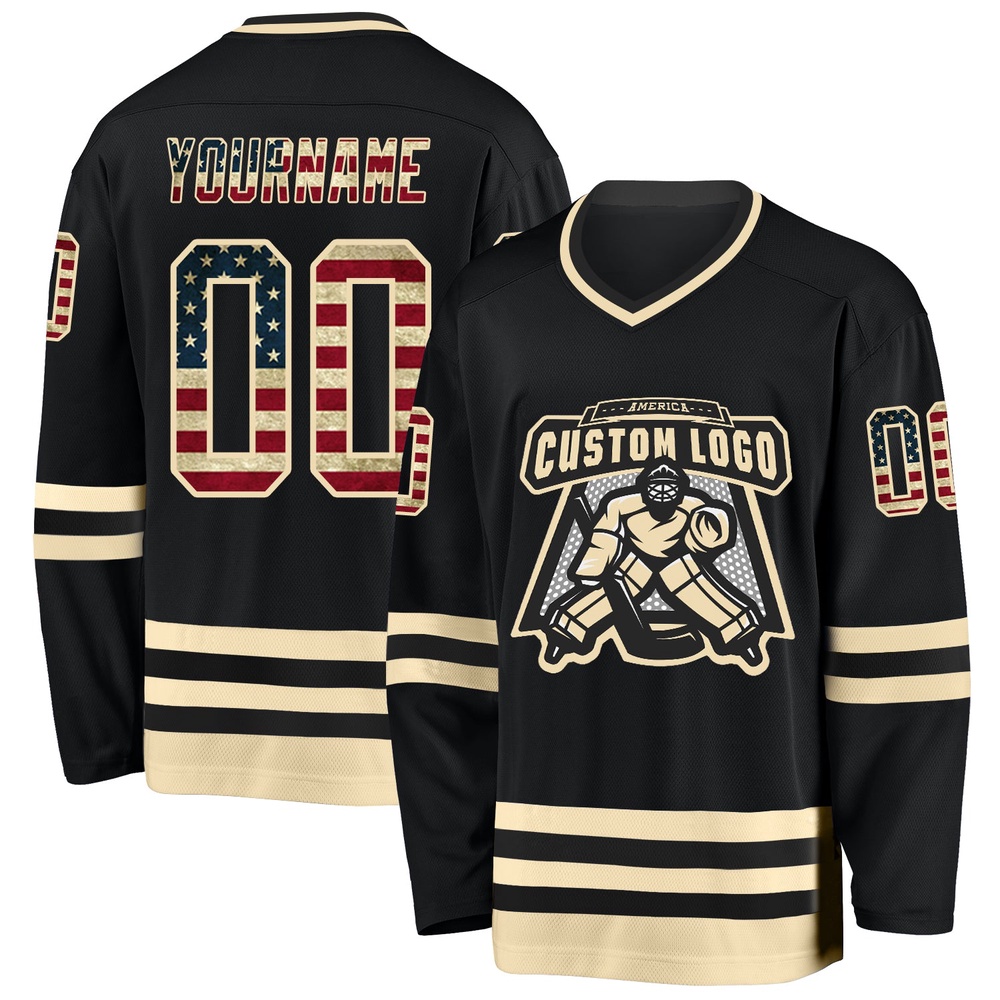Custom Black Vintage USA Flag Cream Hockey Jersey, New Hockey Jersey, Personali Sport Team Jersey Shirt Custom Black Vintage USA Flag Cream Hockey Jersey, New Hockey Jersey, Personali Sport Team Jersey Shirt