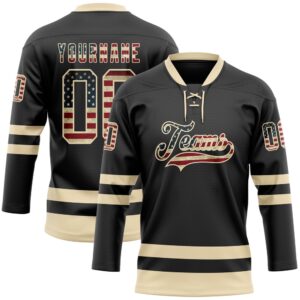 Custom Black Vintage USA Flag Cream Hockey&hellip;