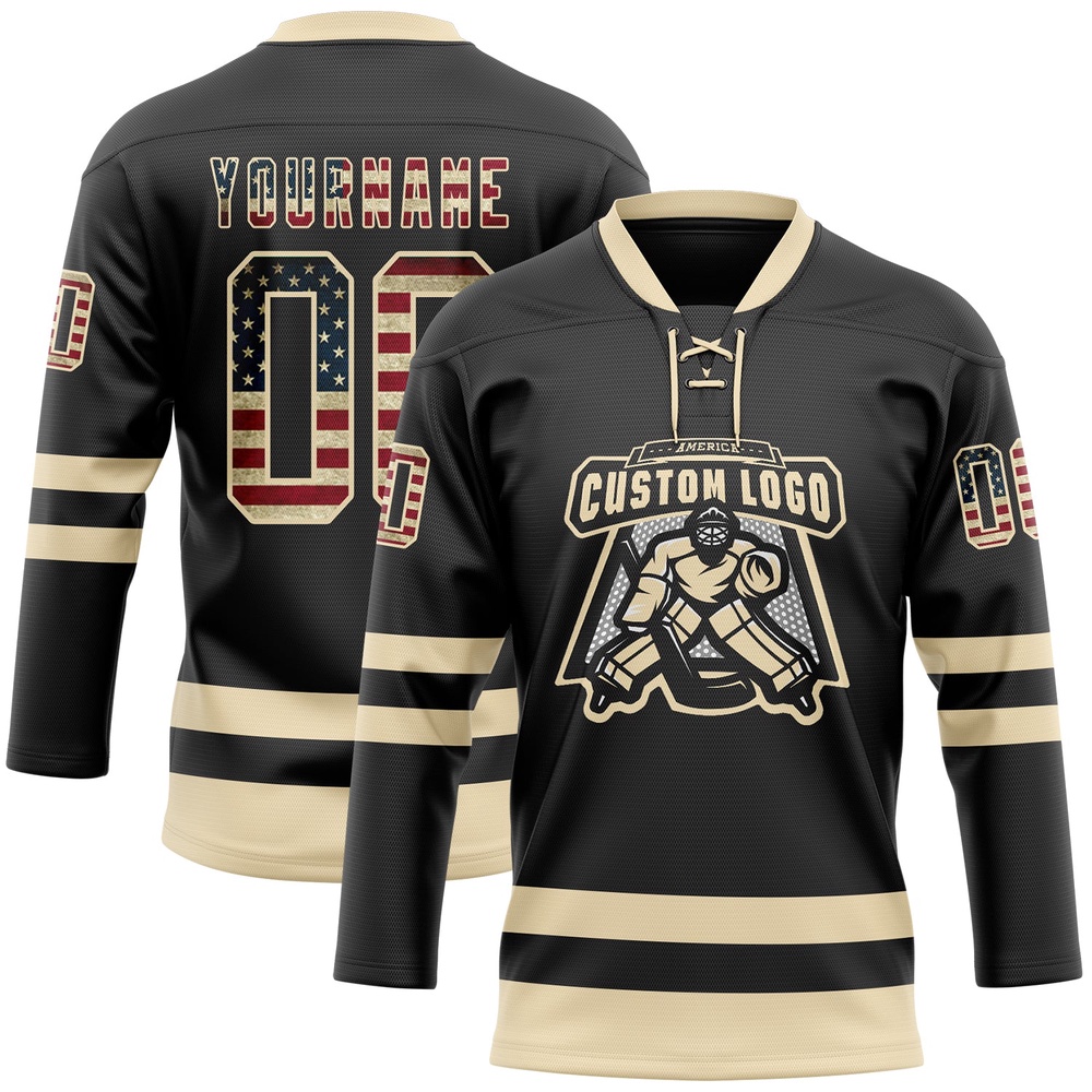 Custom Black Vintage USA Flag Cream Hockey Lace Neck Jersey, New Hockey Jersey, Personali Sport Team Jersey Shirt