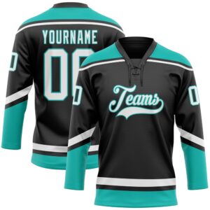 Custom Black White Aqua Hockey Lace Neck&hellip;
