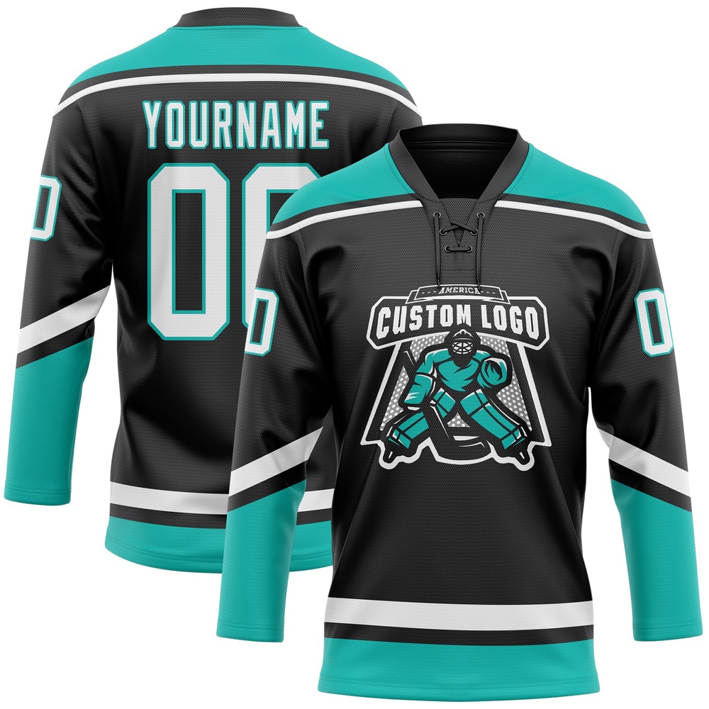 Custom Black White Aqua Hockey Lace Neck Jersey, New Hockey Jersey, Personali Sport Team Jersey Shirt