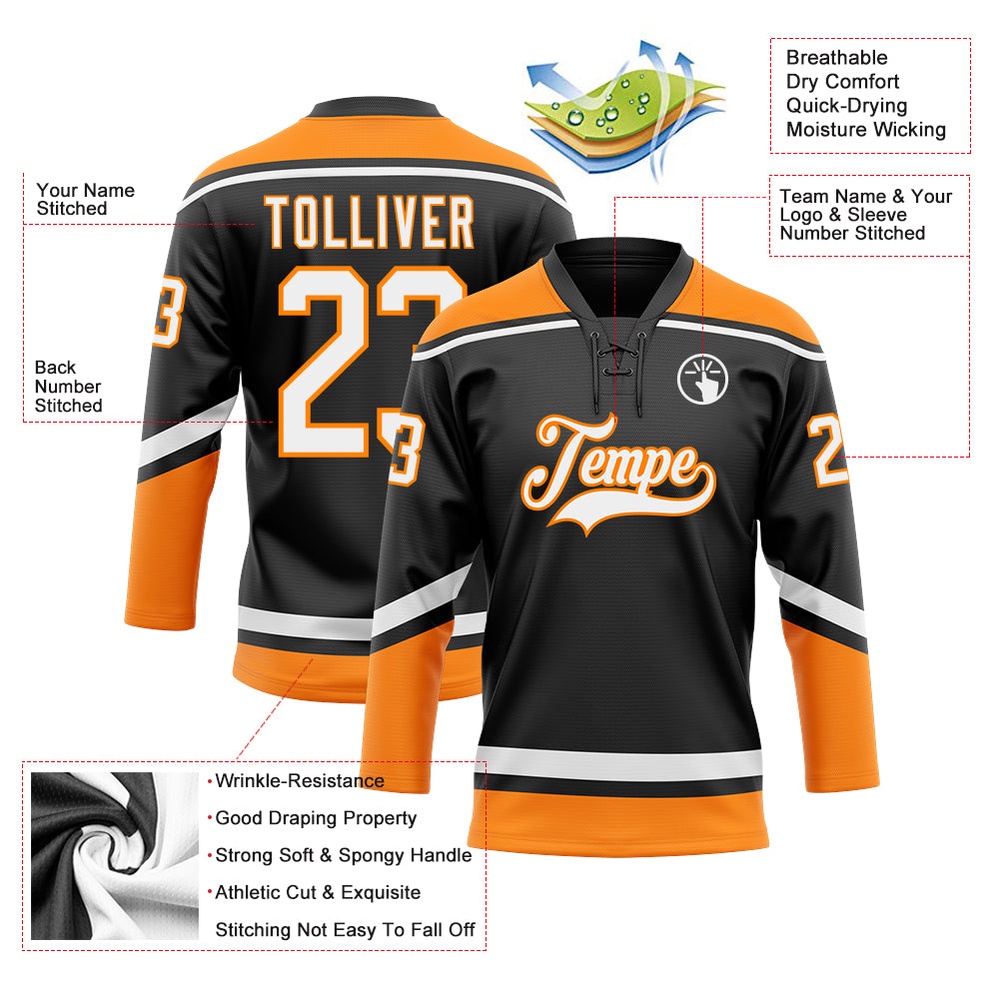 Custom Black White Bay Orange Hockey Lace Neck Jersey, New Hockey Jersey, Personali Sport Team Jersey Shirt