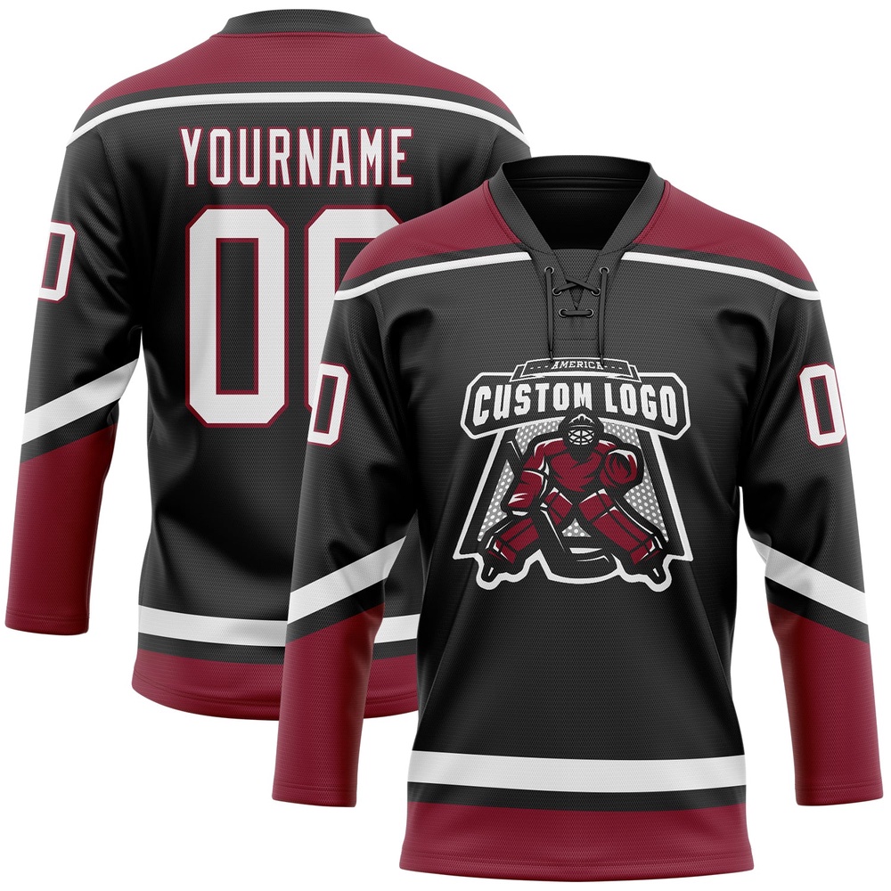 Custom Black White Crimson Hockey Lace Neck Jersey, New Hockey Jersey, Personali Sport Team Jersey Shirt