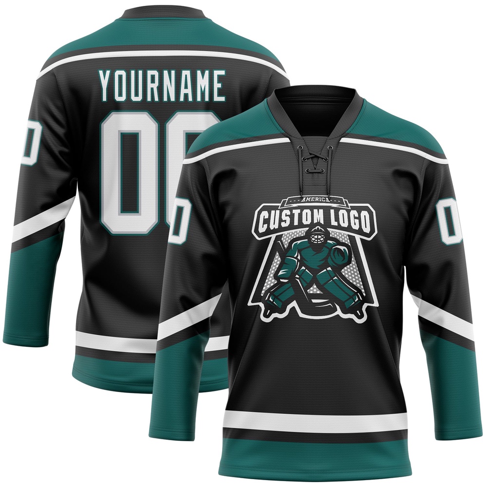 Custom Black White Gray Midnight Green Hockey Lace Neck Jersey, New Hockey Jersey, Personali Sport Team Jersey Shirt Custom Black White Gray Midnight Green Hockey Lace Neck Jersey, New Hockey Jersey, Personali Sport Team Jersey Shirt