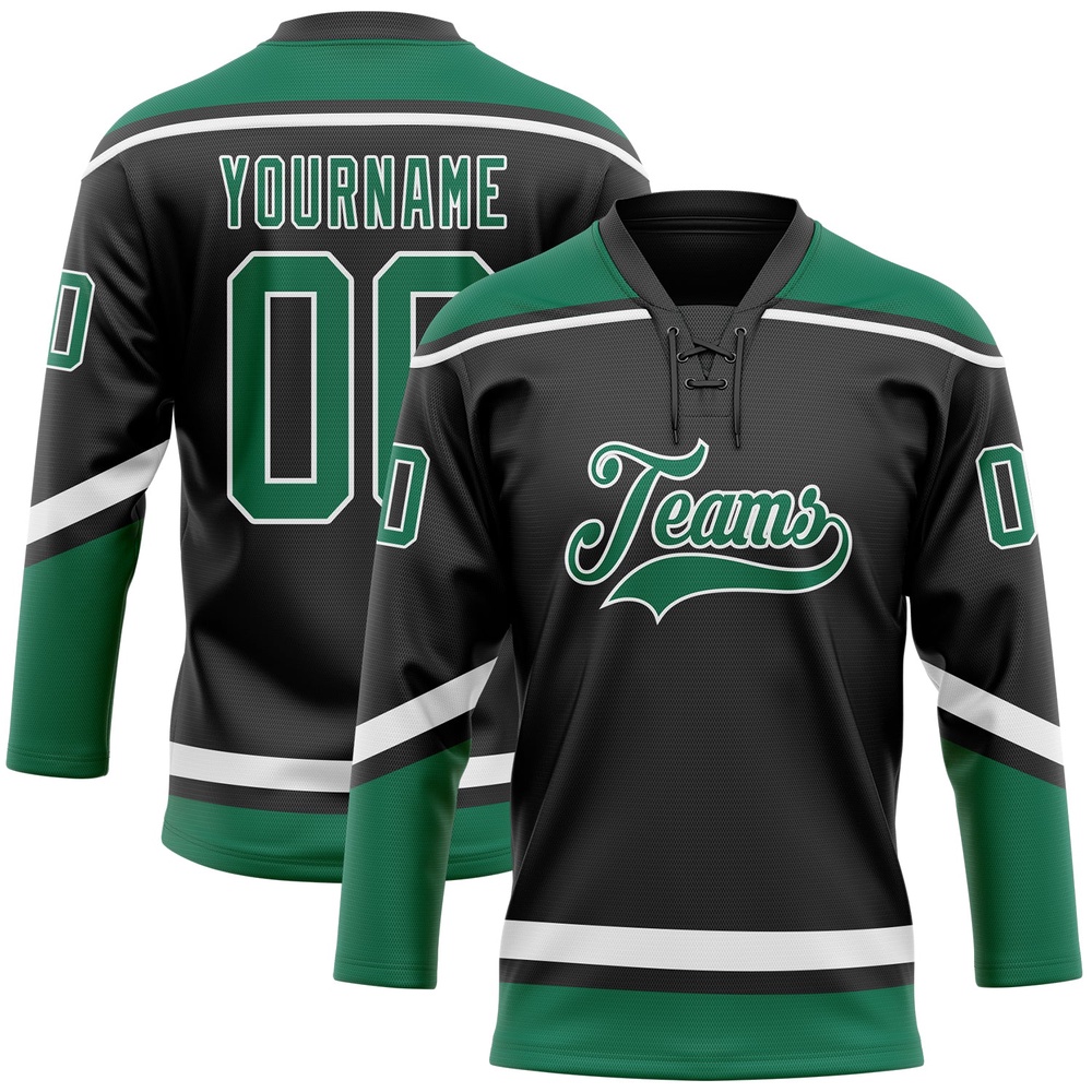 Custom Black White Kelly Green Hockey Lace Neck Jersey, New Hockey Jersey, Personali Sport Team Jersey Shirt