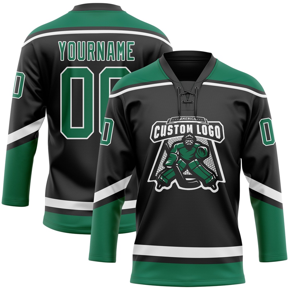 Custom Black White Kelly Green Hockey Lace Neck Jersey, New Hockey Jersey, Personali Sport Team Jersey Shirt