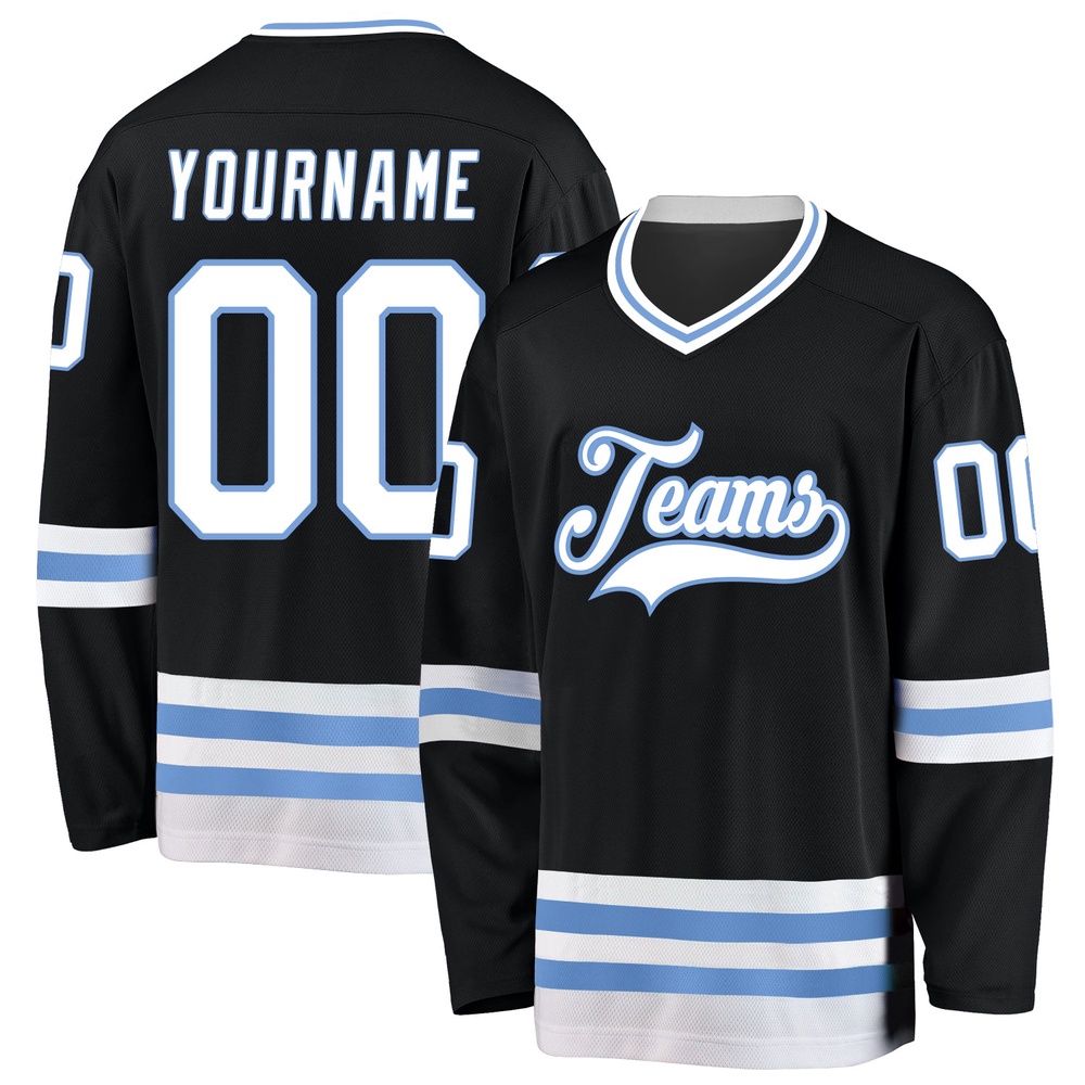 Custom Black White Light Blue Hockey Jersey, New Hockey Jersey, Personali Sport Team Jersey Shirt