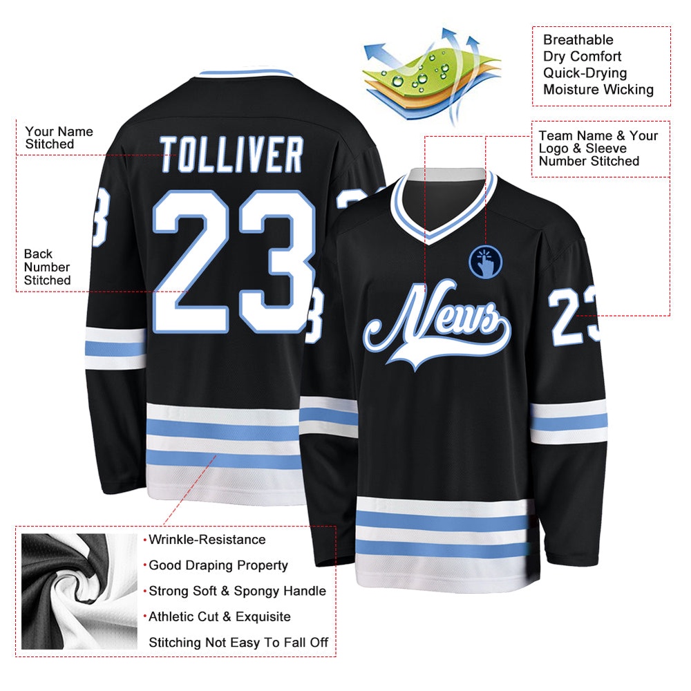 Custom Black White Light Blue Hockey Jersey, New Hockey Jersey, Personali Sport Team Jersey Shirt