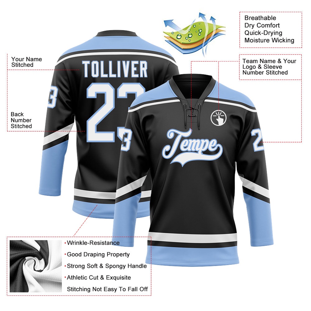 Custom Black White Light Blue Hockey Lace Neck Jersey, New Hockey Jersey, Personali Sport Team Jersey Shirt