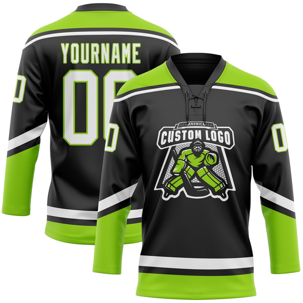 Custom Black White Neon Green Hockey Lace Neck Jersey, New Hockey Jersey, Personali Sport Team Jersey Shirt