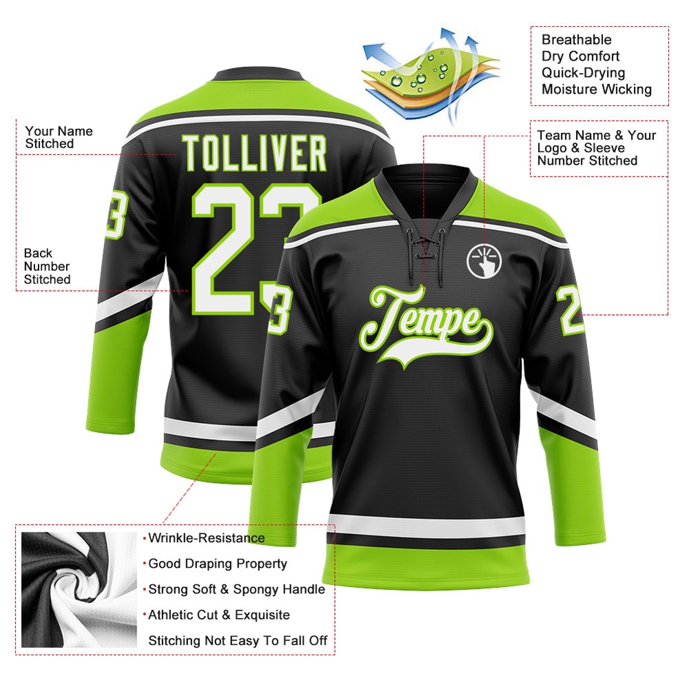 Custom Black White Neon Green Hockey Lace Neck Jersey, New Hockey Jersey, Personali Sport Team Jersey Shirt