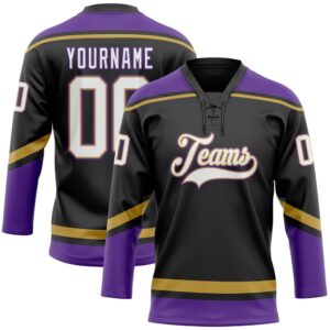 Custom Black White Old Gold Purple Hockey&hellip;