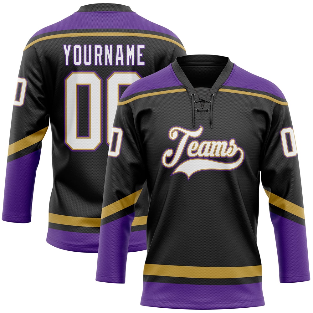 Custom Black White Old Gold Purple Hockey Lace Neck Jersey, New Hockey Jersey, Personali Sport Team Jersey Shirt