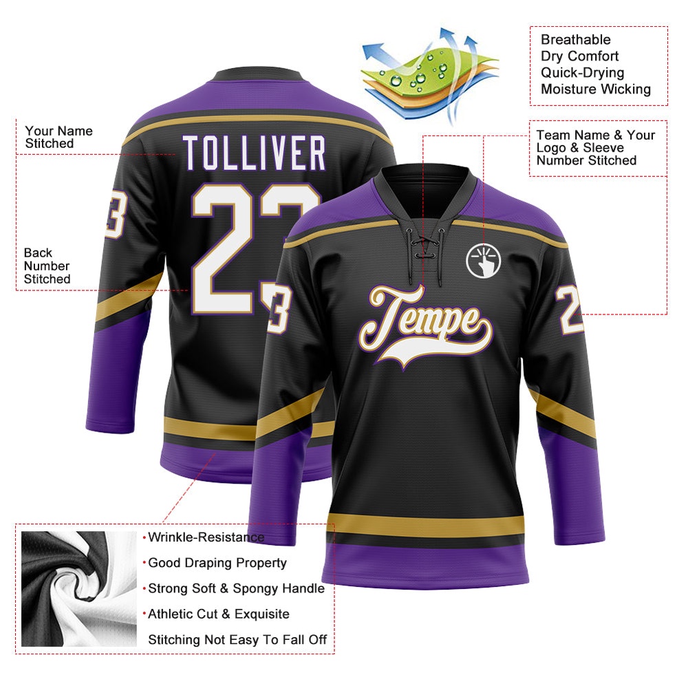 Custom Black White Old Gold Purple Hockey Lace Neck Jersey, New Hockey Jersey, Personali Sport Team Jersey Shirt