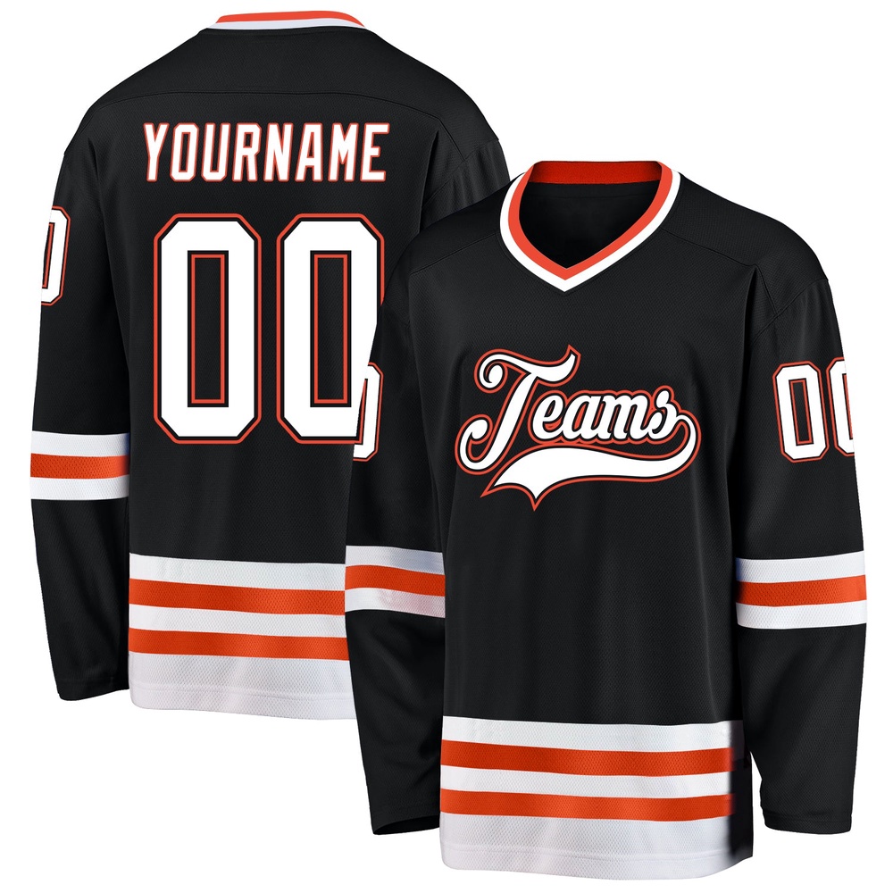 Custom Black White Orange Hockey Jersey, New Hockey Jersey, Personali Sport Team Jersey Shirt Custom Black White Orange Hockey Jersey, New Hockey Jersey, Personali Sport Team Jersey Shirt
