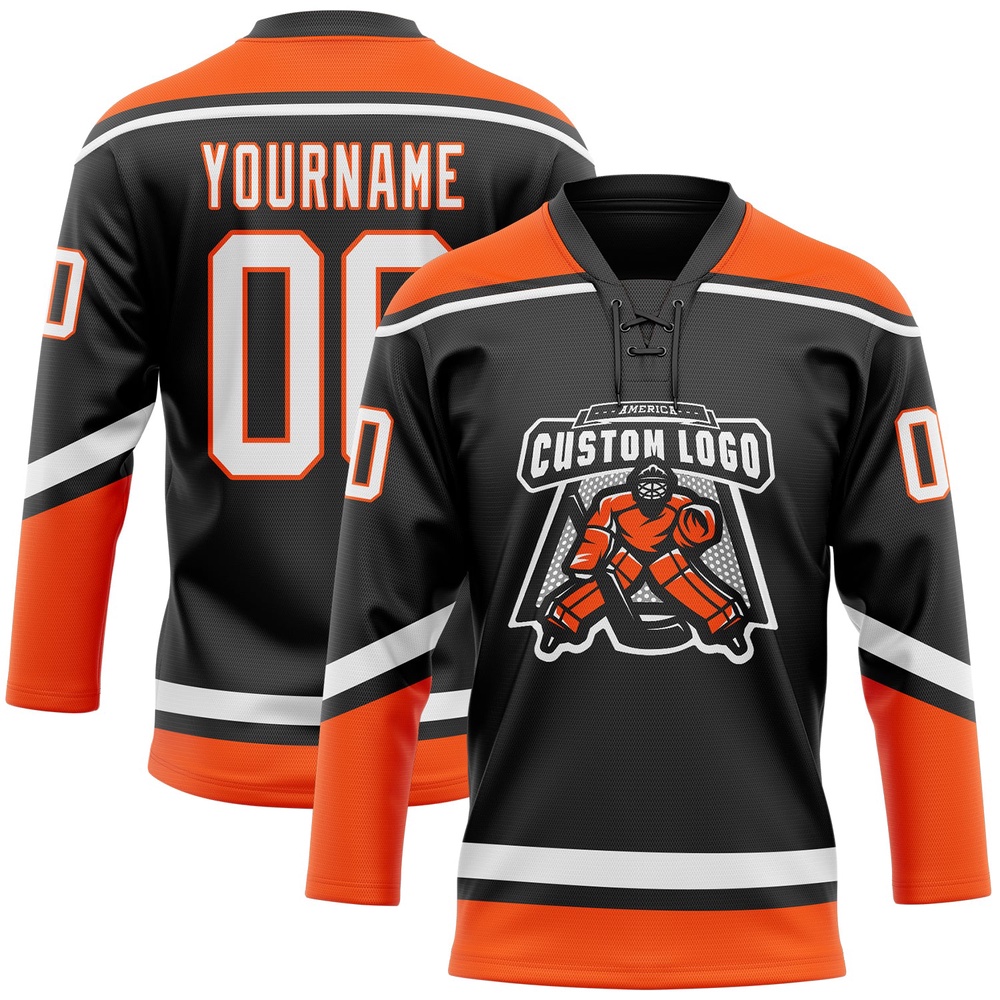 Custom Black White Orange Hockey Lace Neck Jersey, New Hockey Jersey, Personali Sport Team Jersey Shirt