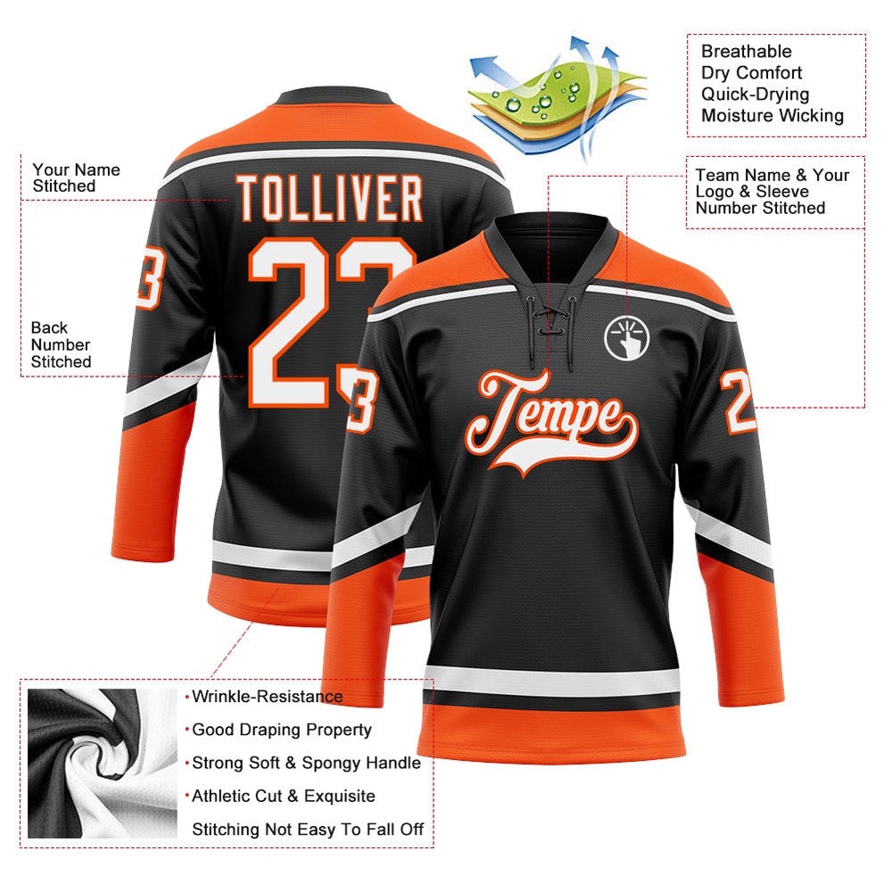 Custom Black White Orange Hockey Lace Neck Jersey, New Hockey Jersey, Personali Sport Team Jersey Shirt