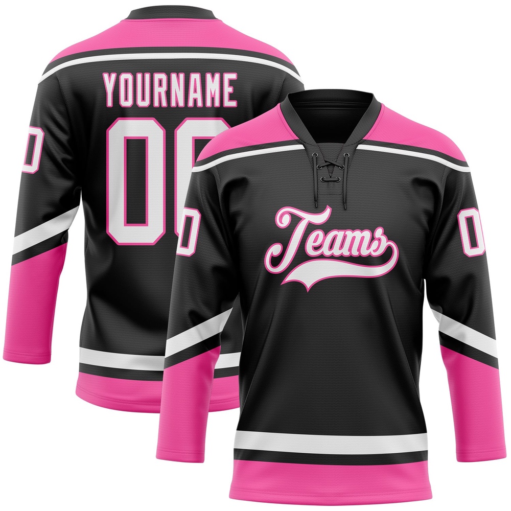 Custom Black White Pink Hockey Lace Neck Jersey, New Hockey Jersey, Personali Sport Team Jersey Shirt