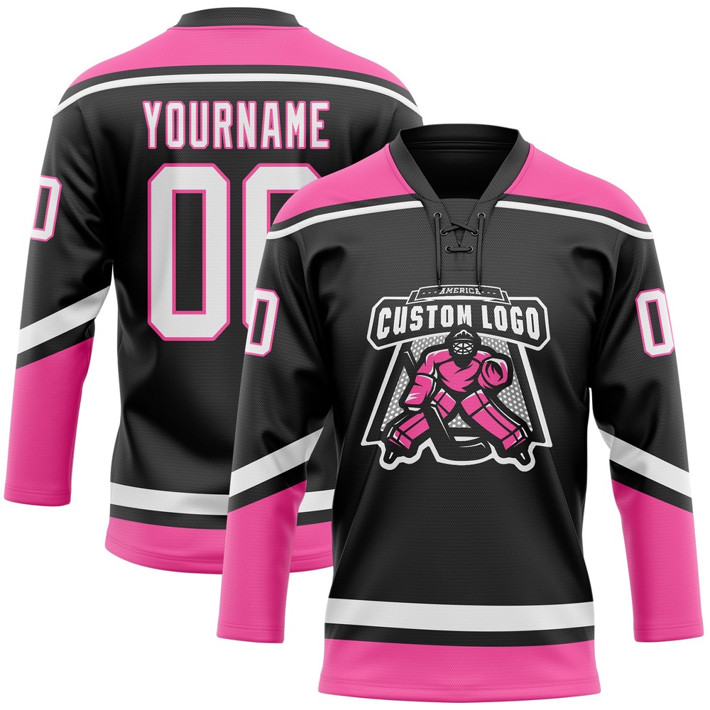 Custom Black White Pink Hockey Lace Neck Jersey, New Hockey Jersey, Personali Sport Team Jersey Shirt
