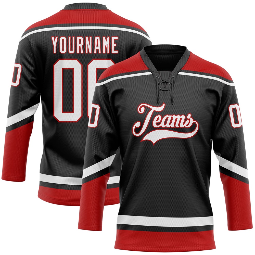 Custom Black White Red Hockey Lace Neck Jersey, New Hockey Jersey, Personali Sport Team Jersey Shirt