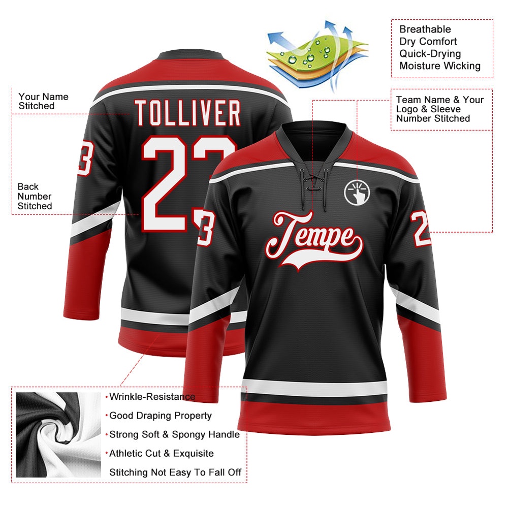 Custom Black White Red Hockey Lace Neck Jersey, New Hockey Jersey, Personali Sport Team Jersey Shirt