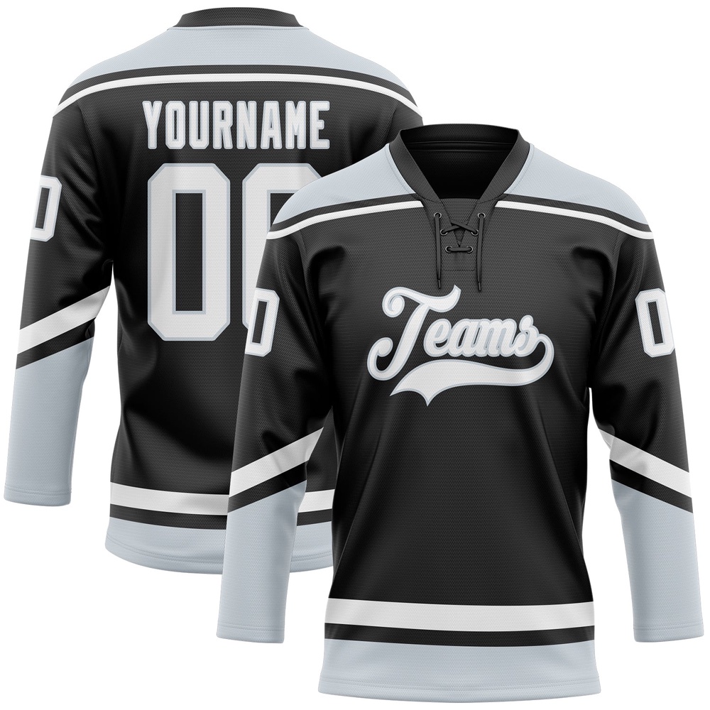 Custom Black White Silver Hockey Lace Neck Jersey, New Hockey Jersey, Personali Sport Team Jersey Shirt